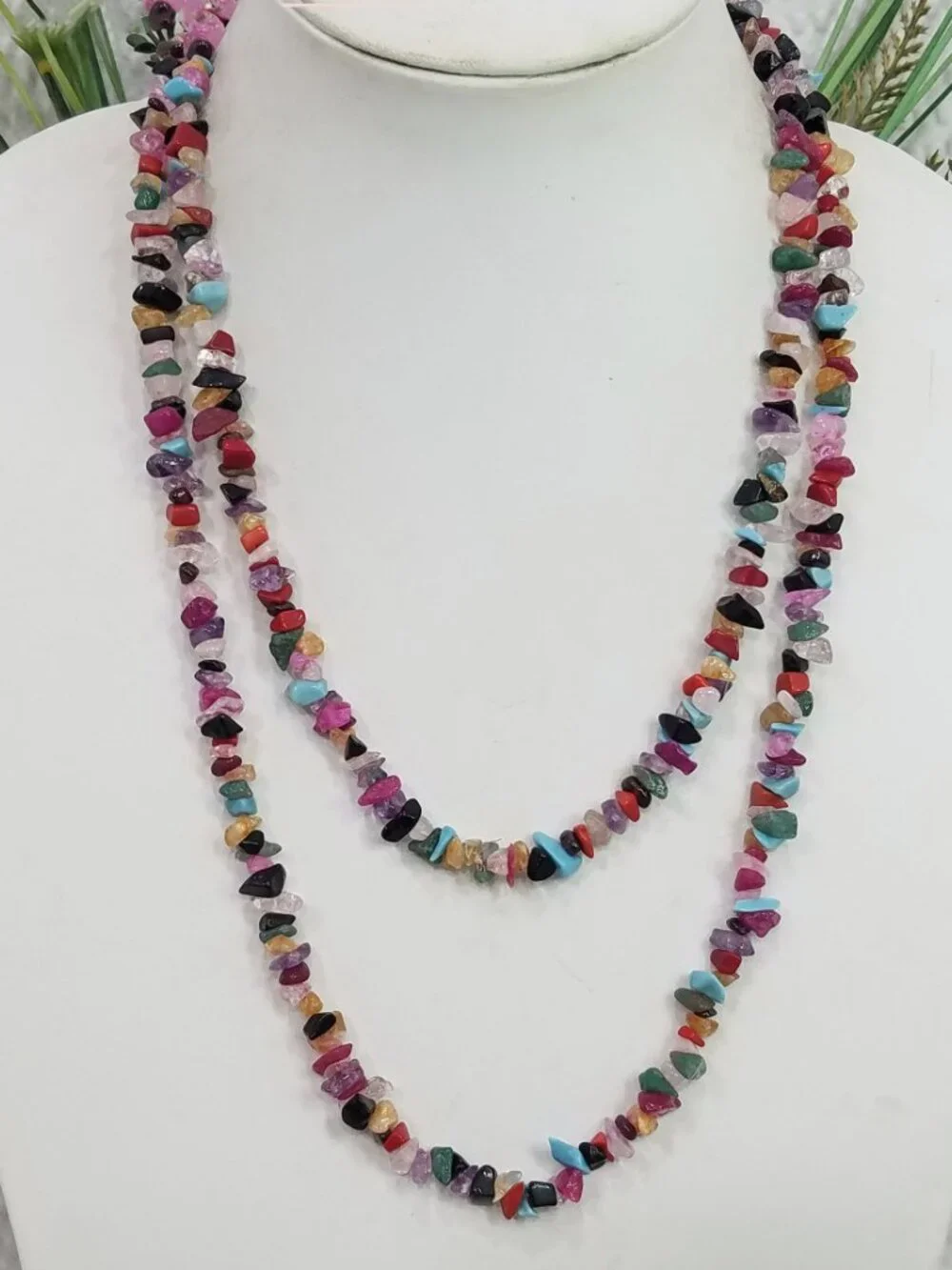 Multicolor Turquoise Onyx Jasper Quartz Gemstone Chip Continuous Loop Necklace